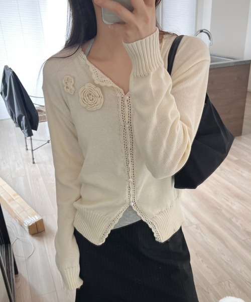 ニットカーディガンレディース ス カーディガン サマーニット GIUNON カーディガン summer knit flower cardigan / サマー