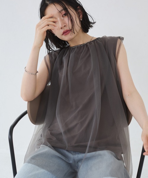 接触冷感チュールレイヤードトップス hunch tシャツ 「接触冷感」チュールレイヤードトップス