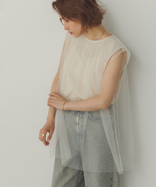 tシャツ 接触冷感 UVカット 撥水加工 チュールレイヤードトップス レディース hunch tシャツ 「接触冷感」チュールレイヤードトップス