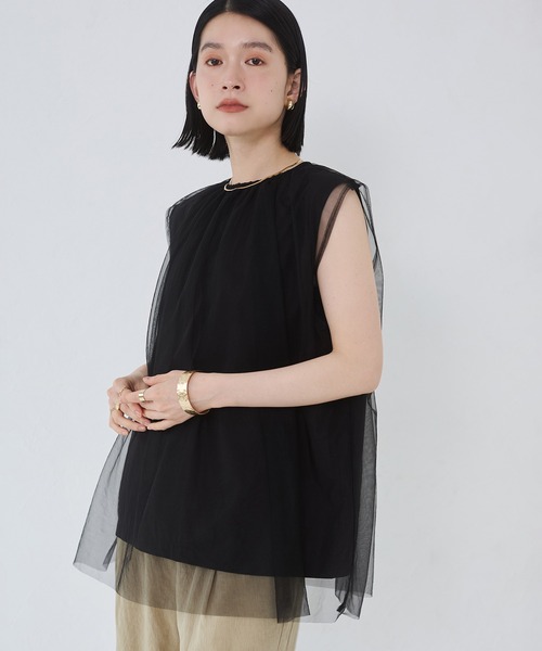 tシャツ 接触冷感 UVカット 撥水加工 チュールレイヤードトップス レディース hunch tシャツ 「接触冷感」チュールレイヤードトップス
