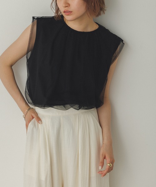 tシャツ 接触冷感 UVカット 撥水加工 チュールレイヤードトップス レディース hunch tシャツ 「接触冷感」チュールレイヤードトップス