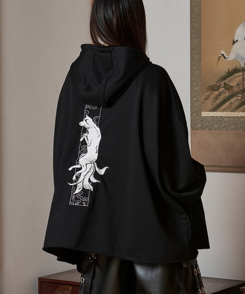 狐独 パーカー 狐刺繍ビックジップフーディー メンズ レディース