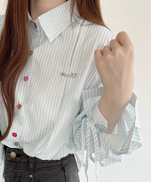 ブラウス シャツ 袖リボンカラフルボタンシャツ レディース : ZOZOTOWN