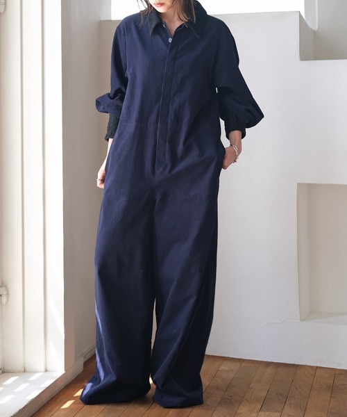 美品▲ebure エブール //オールインワン▲ジャンプスーツ ネイビー　濃紺 AKTE（アクテ） オールインワン ポイントレースコーデュロイジャンプ