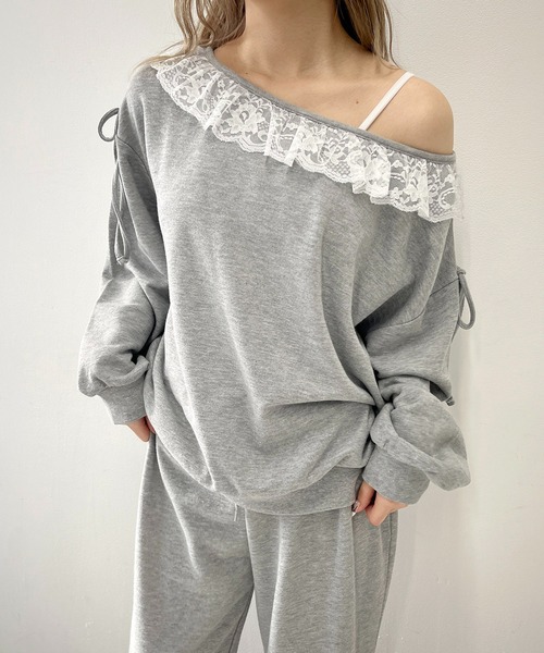 n.k atelier オフショル レース スウェット グレー ダンボールレーススウェット［70015］ | conforobe(コンフォローブ)
