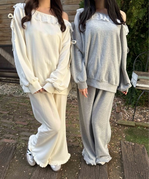 n.k atelier オフショル レース スウェット グレー オフショルレーススウェットトップス – Darich