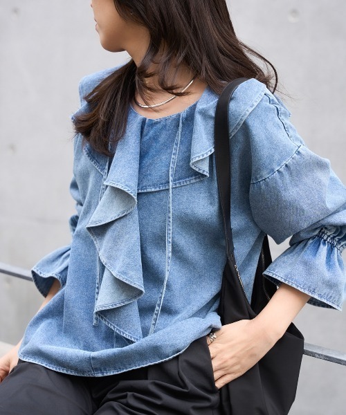 TRIANGLE PALETTE ブラウス シャツ デニムフリルビッグカラーブラウス