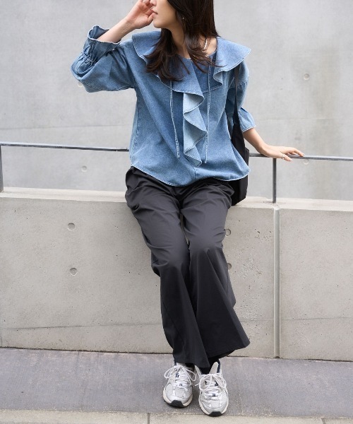 TRIANGLE PALETTE ブラウス シャツ デニムフリルビッグカラーブラウス