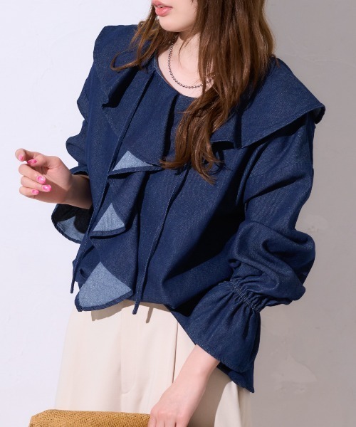 TRIANGLE PALETTE ブラウス シャツ デニムフリルビッグカラーブラウス