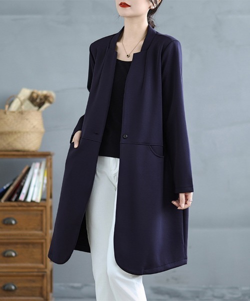 「ONEP STAR」 「chu&jin」ノーカラーコート LARGE ネイビー レディース_画像2