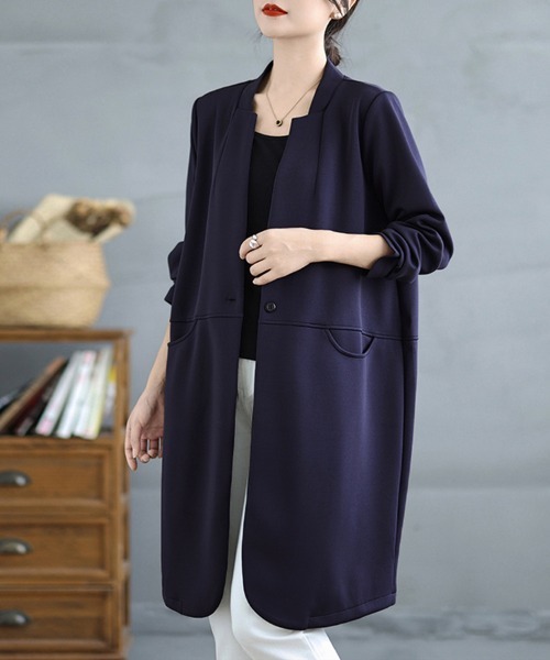 「ONEP STAR」 「chu&jin」ノーカラーコート LARGE ネイビー レディース_画像4