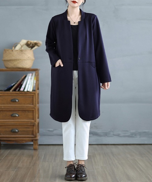 「ONEP STAR」 「chu&jin」ノーカラーコート LARGE ネイビー レディース_画像6