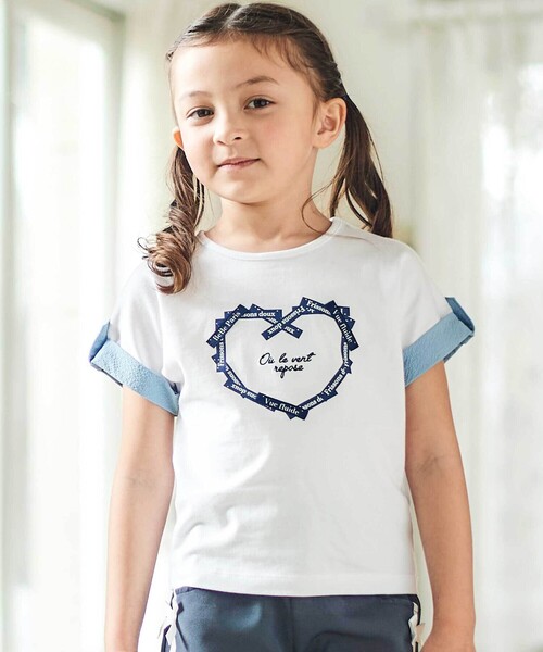 BeBe（ベベ） tシャツ ラベルロゴハートモチーフ袖切り替え天竺半袖T