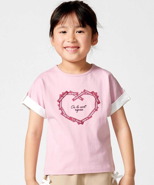 BeBe（ベベ） tシャツ ラベルロゴハートモチーフ袖切り替え天竺半袖T