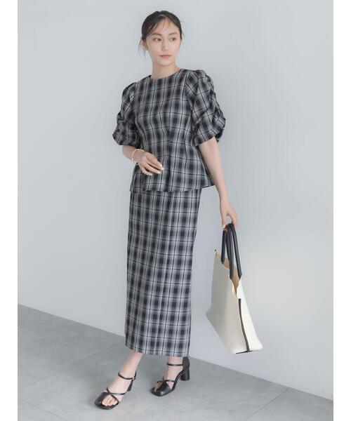 美品 KEITH チェック セットアップ チャイナ ノーカラー フリル スカート Te chichi（テチチ） ロング スカート サッカーチェックナロースカート