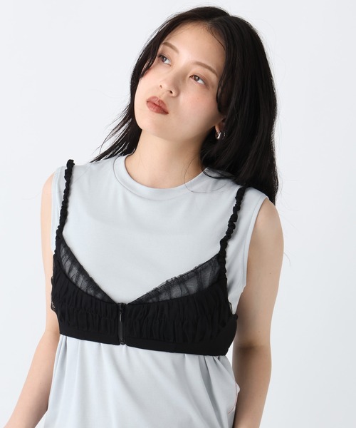 cygneシーニュ ビックパフスリーブシアートップス　インナーキャミ付き JEANASIS（ジーナシス） キャミソール チュールドッキングZIPブラ