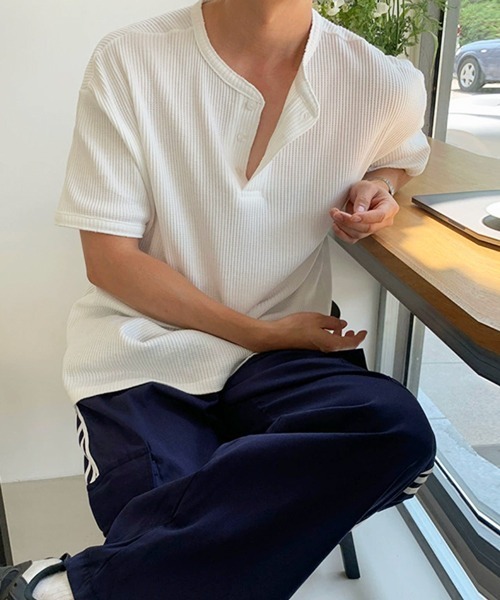 NOWLE（ノウル） ヘンリーネック tシャツ 「NOWLE」凹凸ワッフル