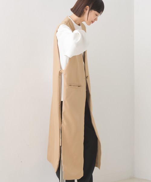 OMNES（オムネス） ベスト ジレ ノーカラーオープンサイドロングジレ