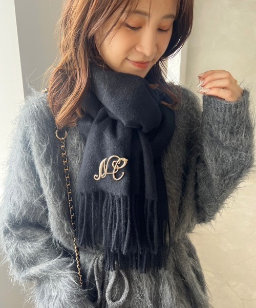 NKNIT マフラー　ブラック　ブローチ付き one after another NICE CLAUP ブローチ付きマフラー レディース