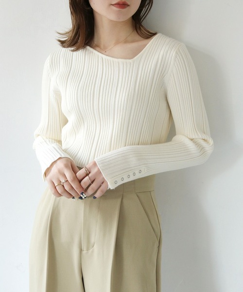 HER CLOSET ニット 「vingtrois」アシメVネック ランダムリブニット 