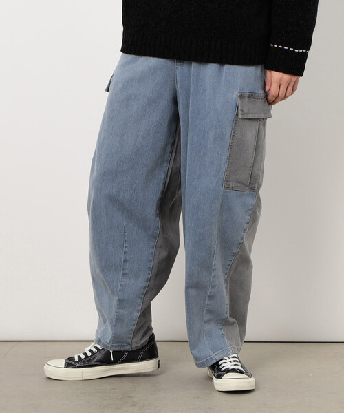 パープル＆イエロー（Purple & Yellow）/デニム配色ワイドテーパードカーゴパンツ Purple&Yellow（パープルアンドイエロー） ジーンズ デニム配色ワイド