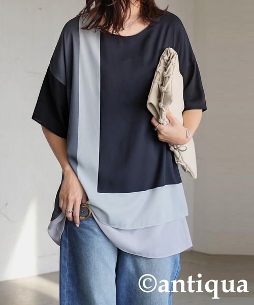 tシャツ レイヤード風ブロックトップス レディース