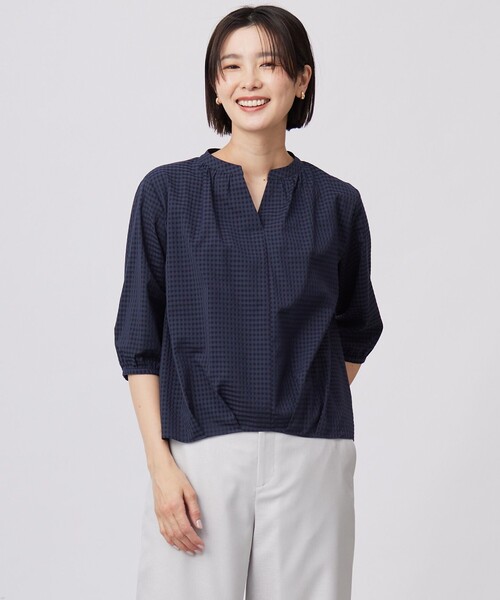 tシャツ 「洗える」コットンブレンドチェック バンドカラー カットソー レディース tシャツ 「洗える」コットンブレンドチェック バンドカラー