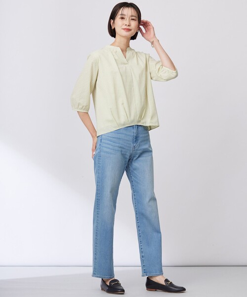 tシャツ 「洗える」コットンブレンドチェック バンドカラー カットソー レディース tシャツ 「洗える」コットンブレンドチェック バンドカラー