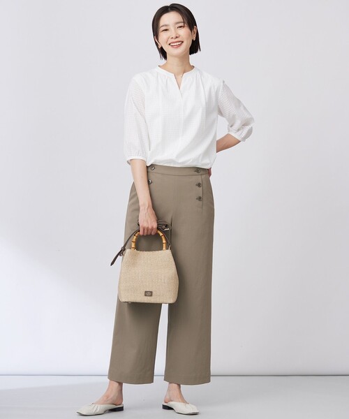 tシャツ 「洗える」コットンブレンドチェック バンドカラー カットソー レディース tシャツ 「洗える」コットンブレンドチェック バンドカラー