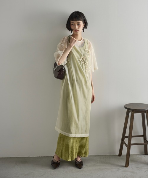 ワンピース♡ THE Yon ワンピース フラワーコード刺繍シアーワンピース