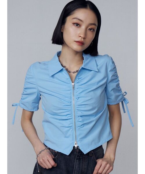 EMODA  エモダ ギャザージップシャツトップ 即納 セール】アシンメトリーギャザーレイヤートップ（Tシャツ