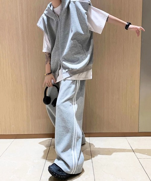 フード付 ノースリーブ スウェット セットアップ ワイドパンツ NOWLE パーカー 「NOWLE」ライン柄 ノースリーブ ジップ