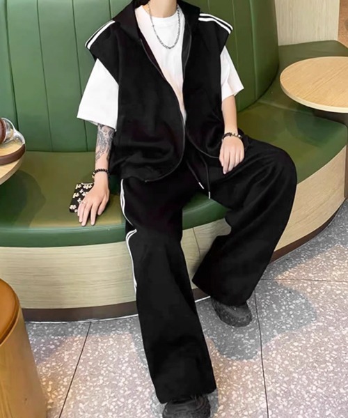 フード付 ノースリーブ スウェット セットアップ ワイドパンツ NOWLE パーカー 「NOWLE」ライン柄 ノースリーブ ジップ