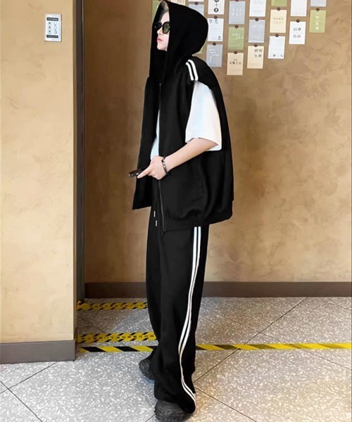 フード付 ノースリーブ スウェット セットアップ ワイドパンツ 楽天市場】2点セット ワイドパンツ フード付き パーカー 冬