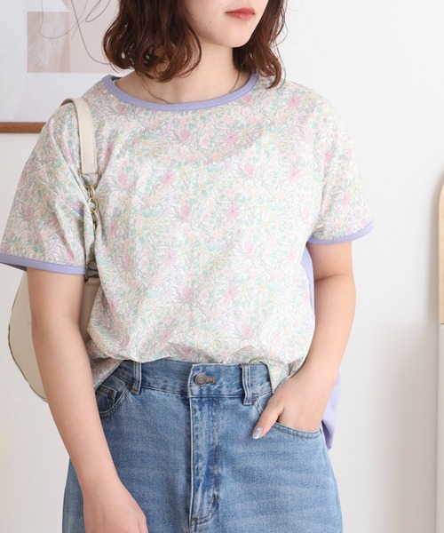 tシャツ BRODIAEA リバティプリント半袖Ｔシャツ ボタニカル柄×無地切り替えカットソー「日本製」 レディース
