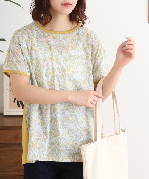 45R 半袖 クルーネック Tシャツ カットソー 3 ボタニカル柄 ベージュ♪ スマホショルダー tシャツ 半袖 BRODIAEA リバティプリント半袖T