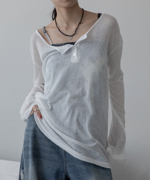 tシャツ 2wayヘンリーネックオーバーシアーリブトップス