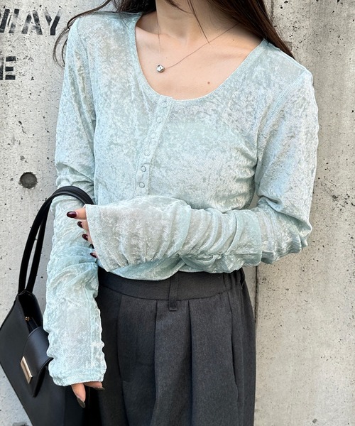 終売品♢OMOロングスリーブT ダイヤチェック柄 ベロア×シアー 個性的 立体柄 solleim（ソルレム） tシャツ 「26SS新色追加」シアーベロアヘンリー