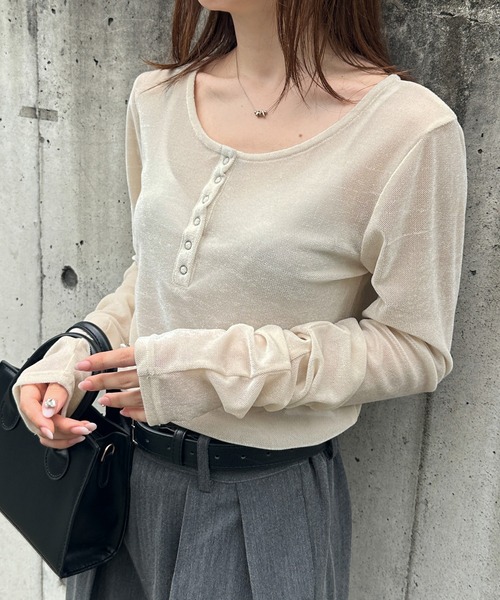 バイカラーベロアロンT/BEIGE ベロア リンガーTシャツ