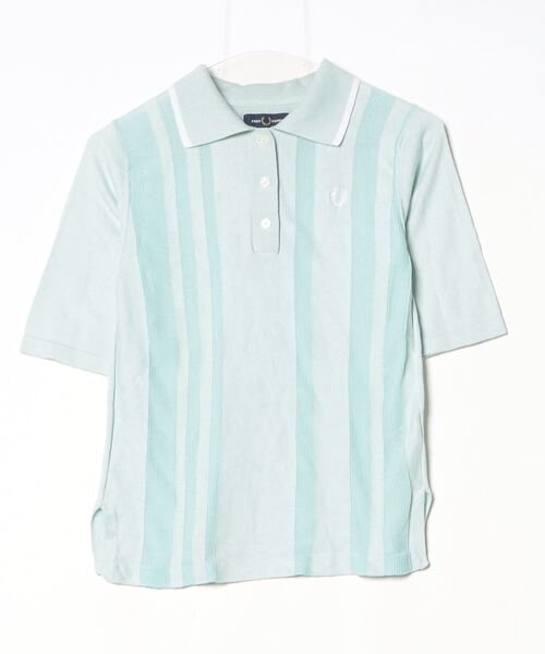 「FRED PERRY」 ストライプ柄半袖ポロシャツ 10 ブルー レディース