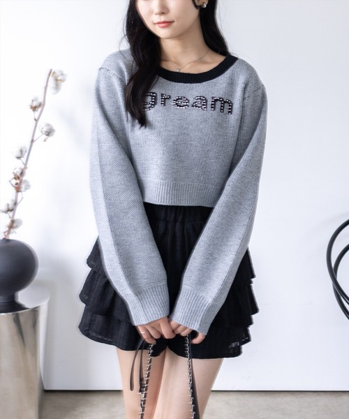 clear ニット セーター ストーンロゴジャガードクロップドニット