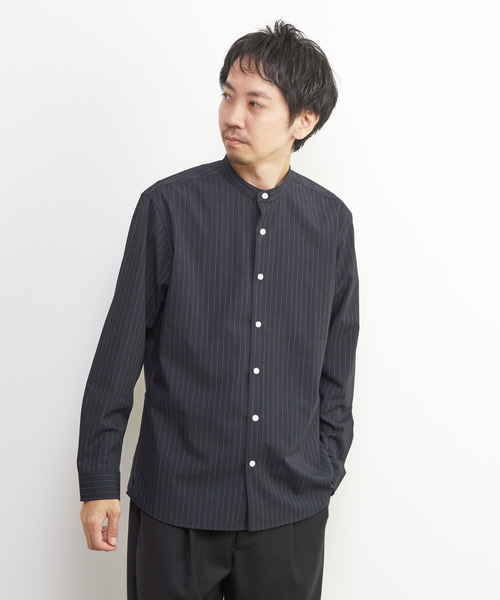 MEN'S MELROSE シャツ ウーリーピンストライプバンドカラーシャツ