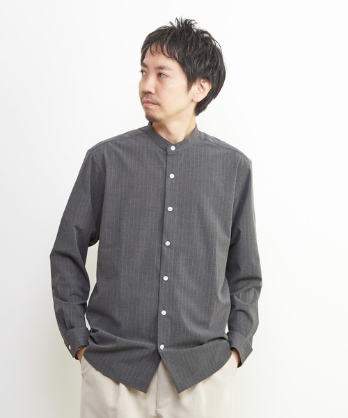 【グレー】ウーリーピンストライプバンドカラーシャツ MEN'S MELROSE シャツ ウーリーピンストライプバンドカラーシャツ
