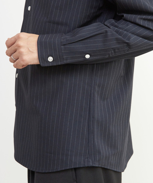 MEN'S MELROSE シャツ ウーリーピンストライプバンドカラーシャツ