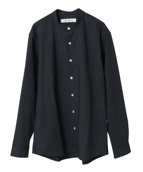 【ネイビー】ウーリーピンストライプバンドカラーシャツ MEN'S MELROSE シャツ ウーリーピンストライプバンドカラーシャツ