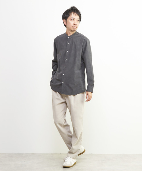 MEN'S MELROSE シャツ ウーリーピンストライプバンドカラーシャツ