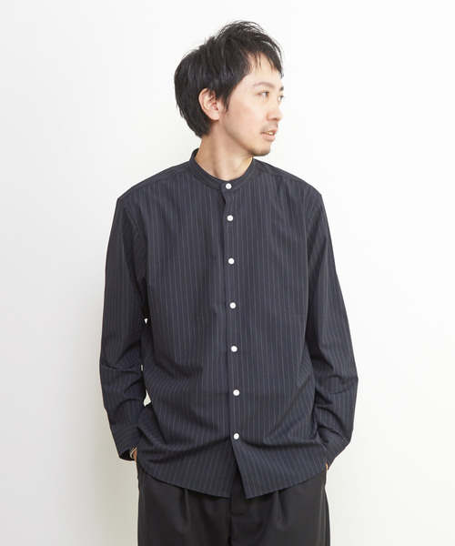 MEN'S MELROSE シャツ ウーリーピンストライプバンドカラーシャツ