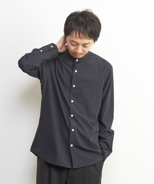 LOHEN ローヘン ストライプ　バンドカラー　シャツ MEN'S MELROSE シャツ ウーリーピンストライプバンドカラーシャツ