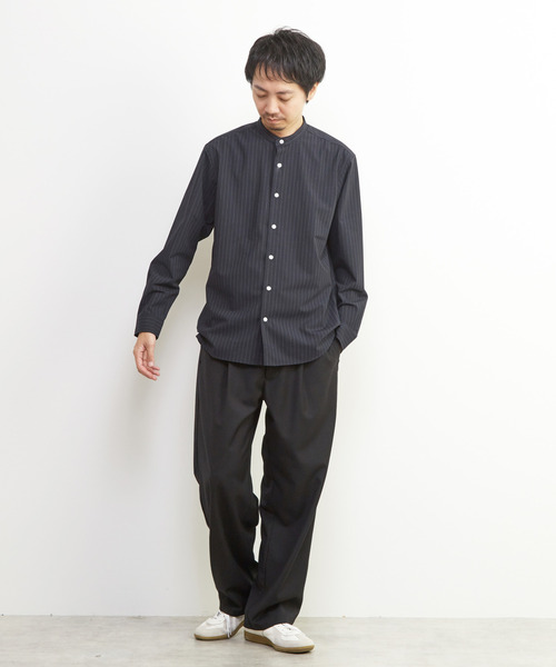 MEN'S MELROSE シャツ ウーリーピンストライプバンドカラーシャツ