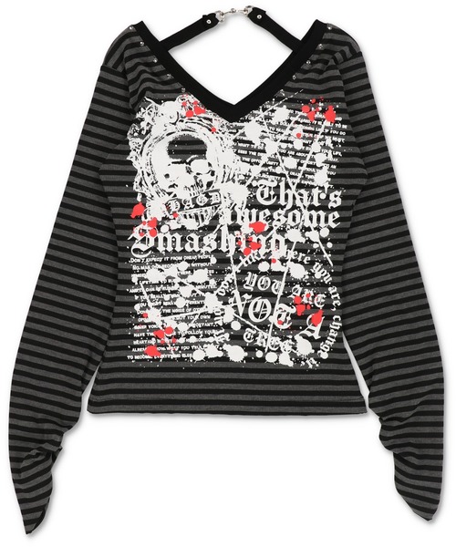 STONE  ブラック長袖カットソー SPINNS（スピンズ） tシャツ 長袖カットソー/背中あき/バックオープン